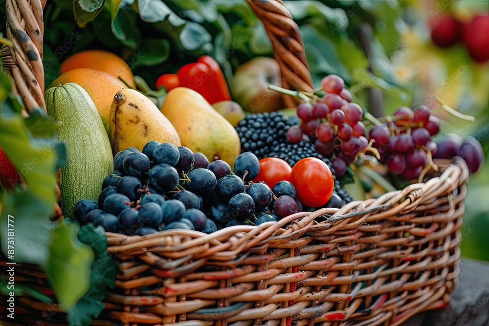A basket full of fruits including apples, grapes, and tomatoes. The basket is full of different types of fruits, and it looks like a healthy and colorful selection A basket full of fruits including apples, grapes, and tomatoes. The basket is full of different types of fruits, and it looks like a healthy and colorful selection
