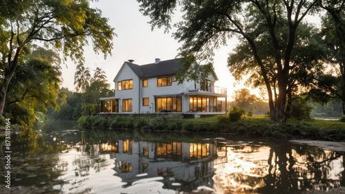  house on the river bank with trees reflected in water,