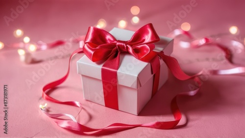 a pink bow in a white box on a red surface © Tisha