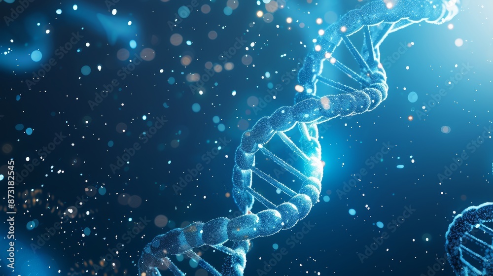 Obraz premium The blue background uses a futuristic and high-tech DNA double helix structure, a colored blue DNA model surrounded by light particles, and a close-up of two strands connected into an S-shape on a cle