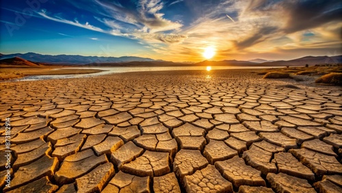 Dry, cracked earth and barren landscape with fissures and crevices, depleted of water, evoking a sense of desolation and scarcity.