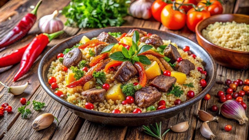 Vibrant, fragrant, and flavorful lamb couscous dish overflowing with colorful mixed vegetables and aromatic spices on a rustic wooden table. Vibrant, fragrant, and flavorful lamb couscous dish overflowing with colorful mixed vegetables and aromatic spices on a rustic wooden table.