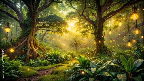 Fototapeta Naklejka Na Ścianę i Meble -  Vibrant jungle foliage illuminated by warm golden light, with lush green leaves and twinkling fireflies surrounding ancient trees at dusk.