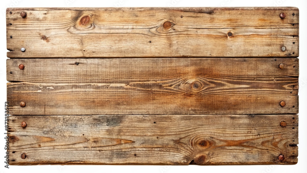 Naklejka premium Distressed, rustic, old wooden sign board plank background, weathered to perfection, isolated on white, awaiting design or text overlay.