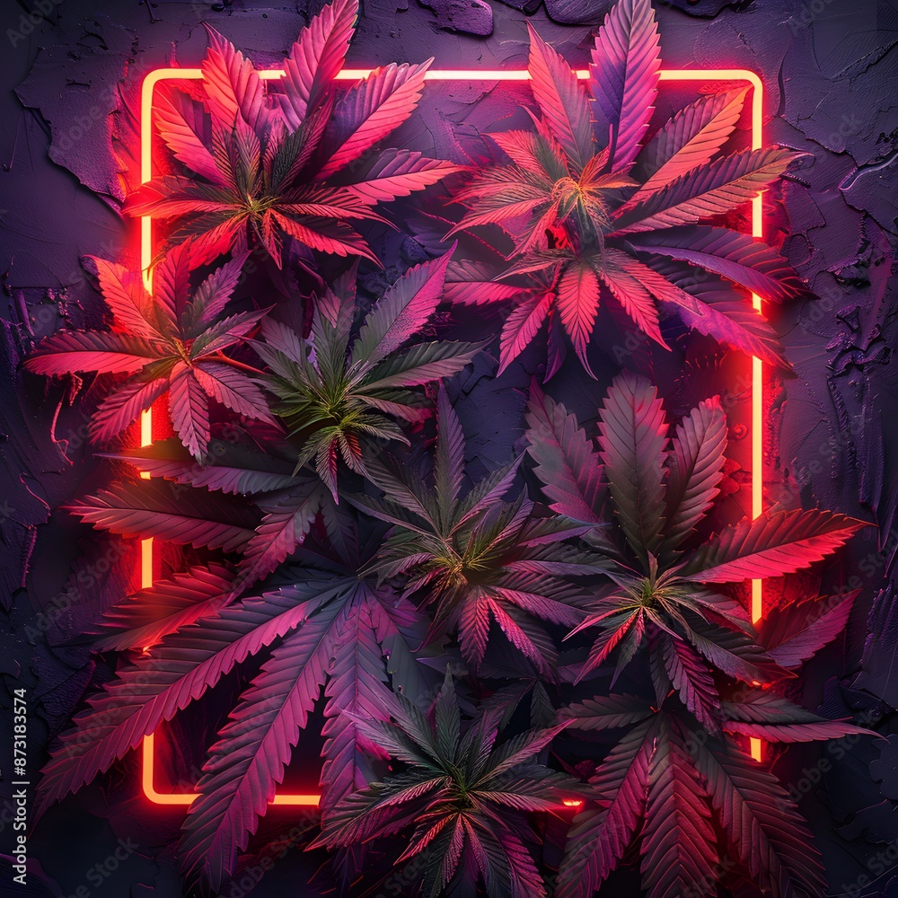 Vibrant cannabis leaves illuminated by neon light in a dark setting, creating a striking and colorful botanical display. Vibrant cannabis leaves illuminated by neon light in a dark setting, creating a striking and colorful botanical display.