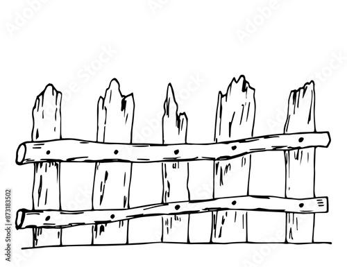 Wooden old fence made of boards. Simple vector drawing with black outline. Sketch in ink.