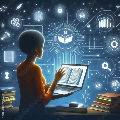 woman reading books E-library with tablet pc photo