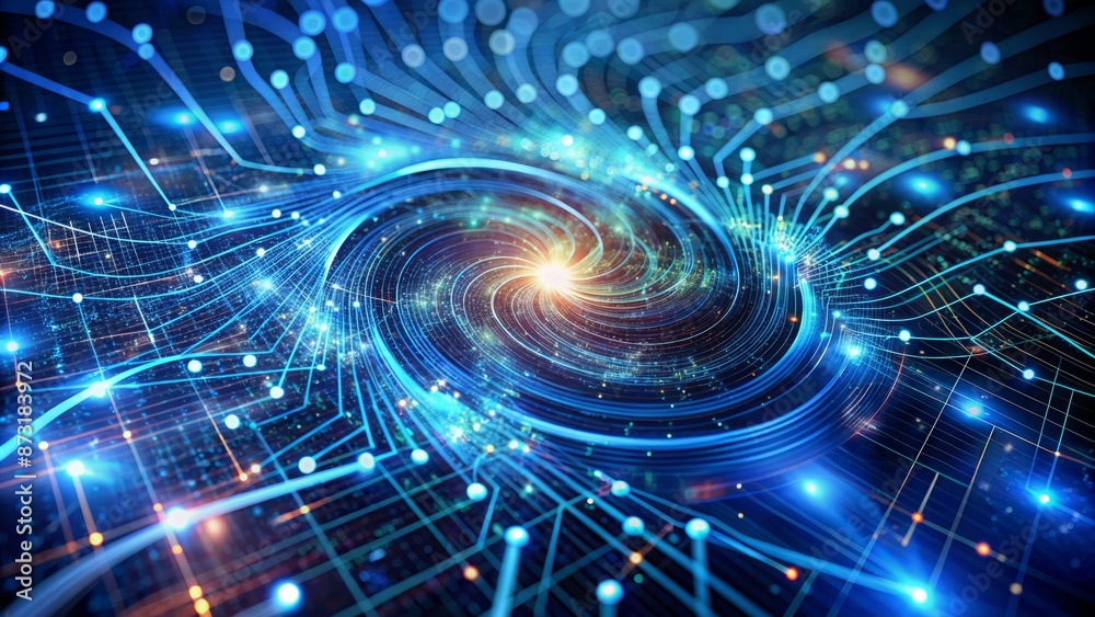 Fototapeta premium Complex neural network patterns and swirling data vortexes visualized on a futuristic virtual screen with pulsing blue circuitry background.