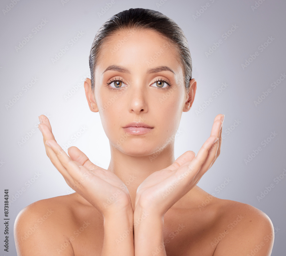 Portrait, studio and woman with skincare, proud and serious for cosmetics in beauty salon, shine and glow. Model, purple background and skin of girl, hands and treatment of dermatology and face Portrait, studio and woman with skincare, proud and serious for cosmetics in beauty salon, shine and glow. Model, purple background and skin of girl, hands and treatment of dermatology and face