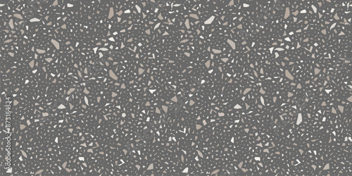Terrazo flooring seamless pattern. Vector realistic asphalt texture with grey mosaic abstract elements. Terrazzo tile with natural pieces of marble, granite or quartz. Classic Italian floor background