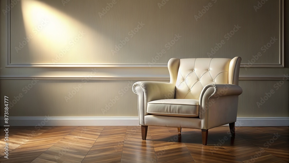 Isolated white leather armchair sits alone in a spacious, dimly lit, minimalist room with cream-colored walls and dark hardwood floor. Isolated white leather armchair sits alone in a spacious, dimly lit, minimalist room with cream-colored walls and dark hardwood floor.