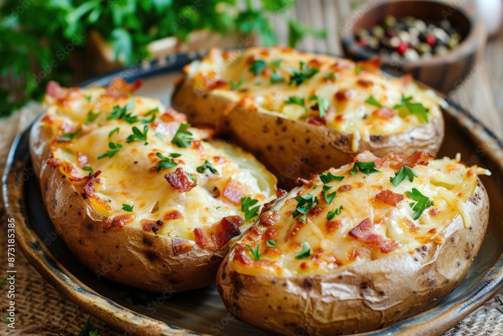 Three baked potatoes with cheese and bacon on top. The potatoes are sitting on a plate with a bowl of herbs and spices Three baked potatoes with cheese and bacon on top. The potatoes are sitting on a plate with a bowl of herbs and spices