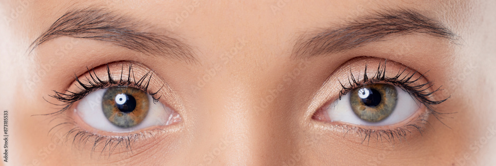 Naklejka premium Woman, portrait eyes and makeup for lashes with length, facial transformation and salon treatment. Model, closeup eyelash and mascara for extension with beauty cosmetics, wellness and spa aesthetic
