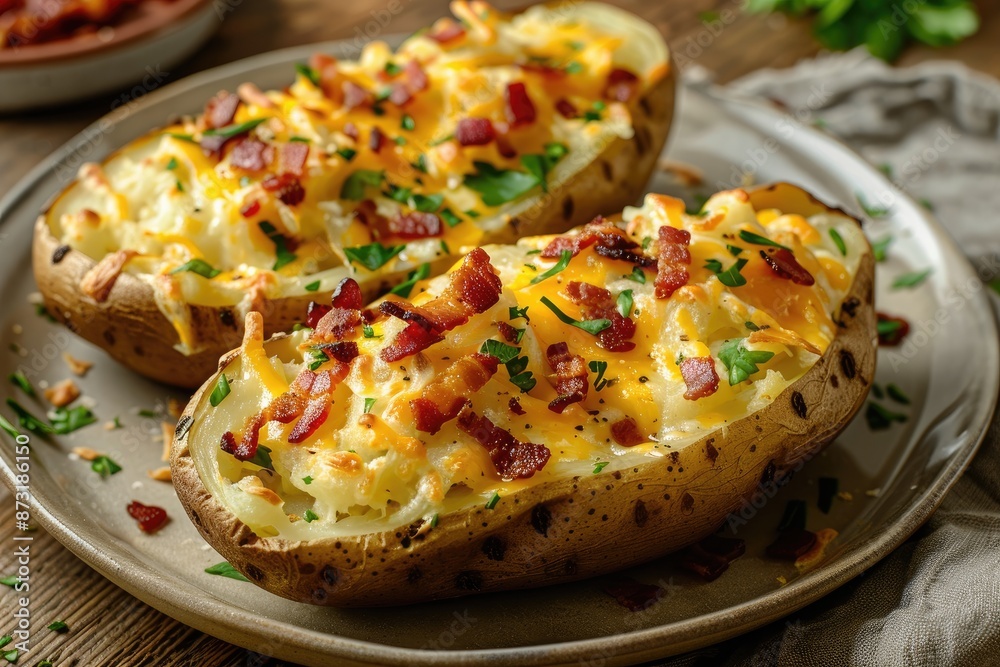 Two large baked potatoes with bacon and cheese on top. The potatoes are sitting on a white plate Two large baked potatoes with bacon and cheese on top. The potatoes are sitting on a white plate