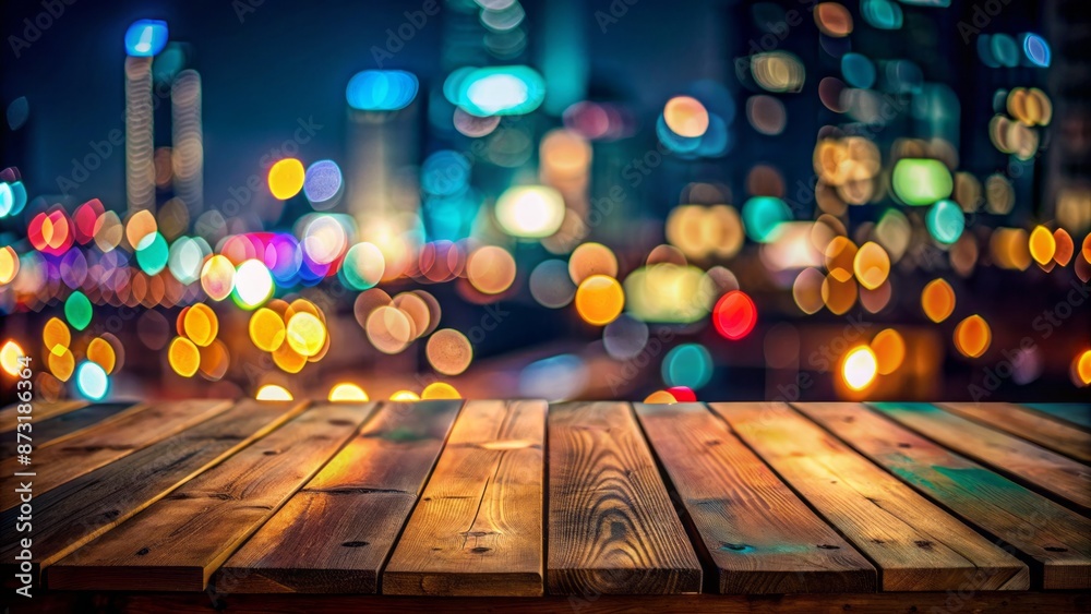 Moody atmosphere surrounds an empty wooden table amidst vibrant neon light bokeh, blurred background lights, and dark night cityscape ambiance. Moody atmosphere surrounds an empty wooden table amidst vibrant neon light bokeh, blurred background lights, and dark night cityscape ambiance.