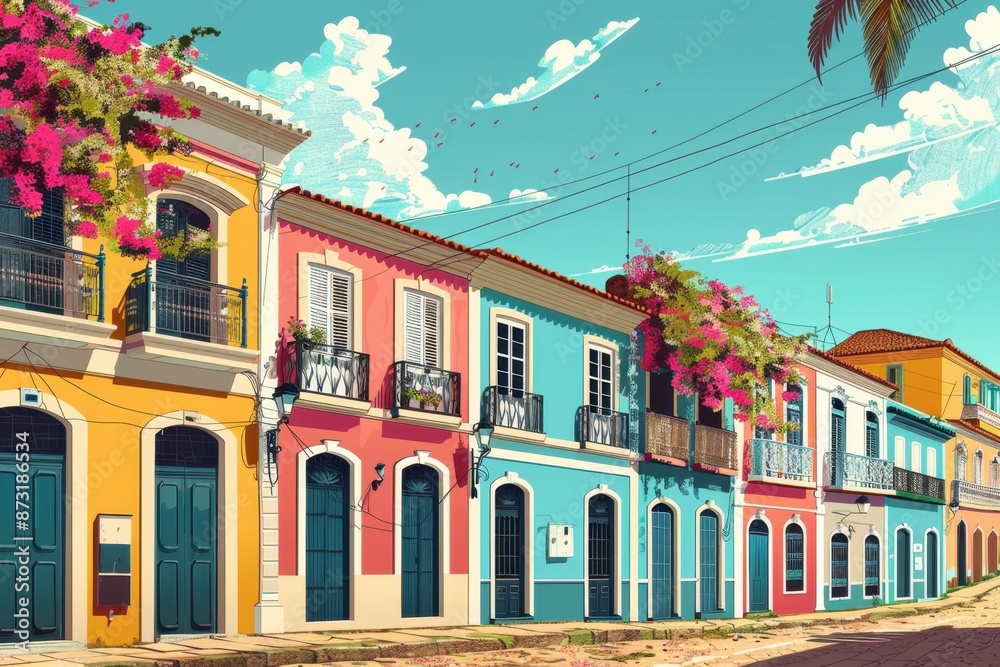 Naklejka premium Colorful Illustration of Historic Houses in Pelourinho, Salvador