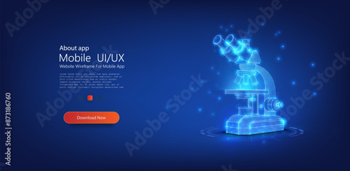 Education and science wireframe conce. Vector design showcases a high-tech digital microscope in a glowing blue wireframe style, ideal for scientific and educational illustrations