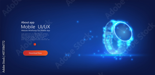 An innovative vector illustration of a digital watch seamlessly integrated into a human face structure, glowing with a vibrant blue light, symbolizing the merging of technology and human elements.