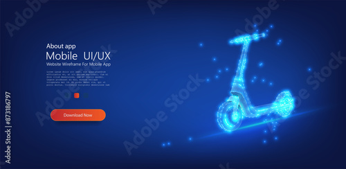 Vector illustration of an electric scooter depicted in a glowing wireframe design, emphasizing eco-friendly transportation technology. Polygonal abstract style. Low poly.