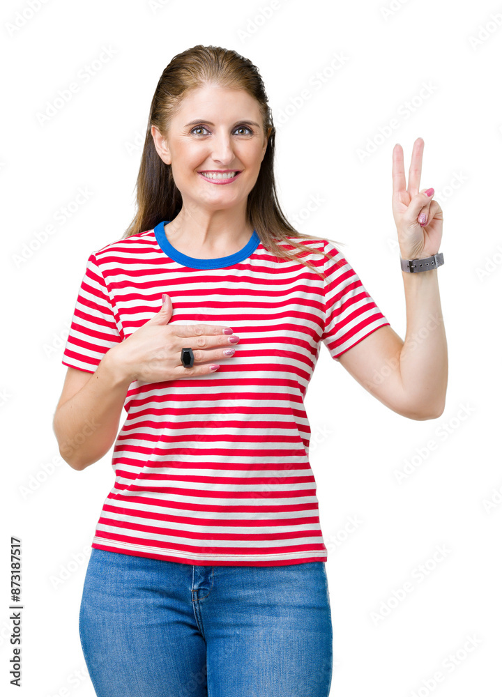 Middle age mature woman wearing casual t-shirt over isolated background Swearing with hand on chest and fingers, making a loyalty promise oath Middle age mature woman wearing casual t-shirt over isolated background Swearing with hand on chest and fingers, making a loyalty promise oath
