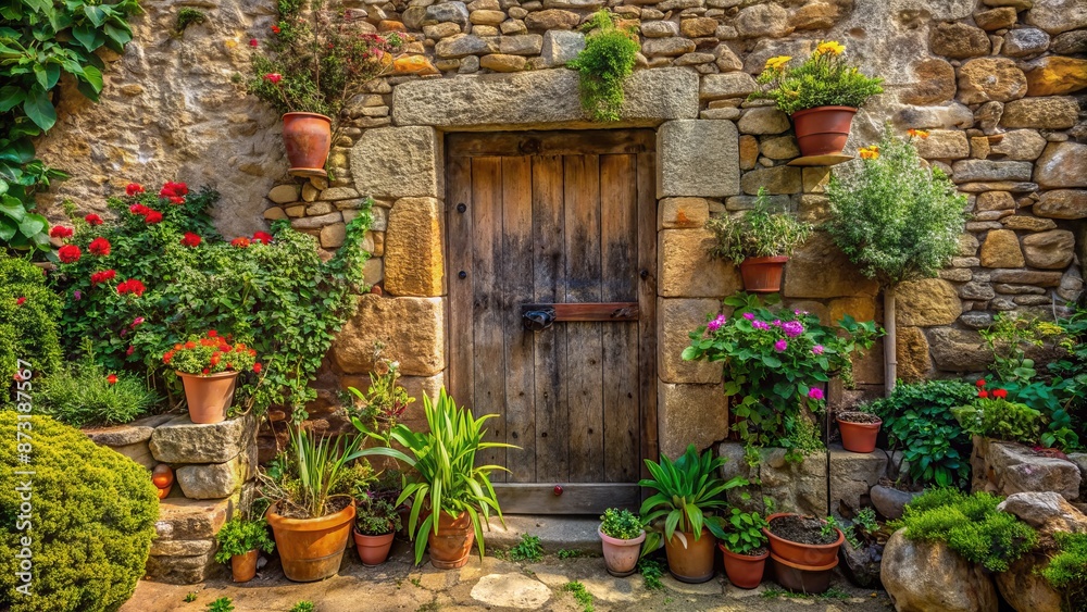 custom made wallpaper toronto digitalRustic ancient stone wall with worn wooden door and scattered potted plants in serene countryside landscape of Homem de Costas.