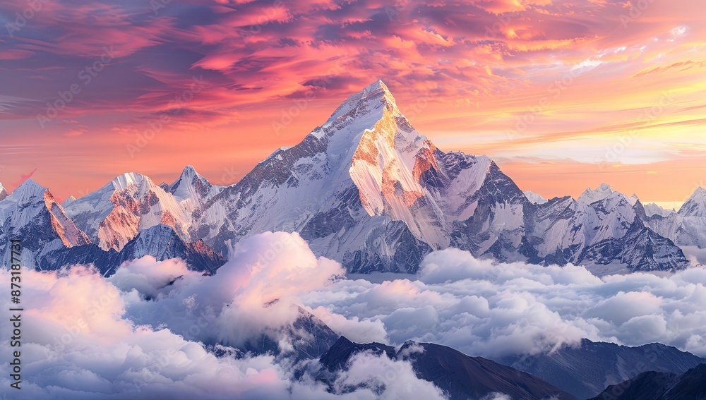 Panoramic View of Ama Dablam Peak in the Himalayas with Pink Sky at Sunrise, Snow-Covered Peaks, Capturing the Majestic Beauty of the Mountain Range Panoramic View of Ama Dablam Peak in the Himalayas with Pink Sky at Sunrise, Snow-Covered Peaks, Capturing the Majestic Beauty of the Mountain Range