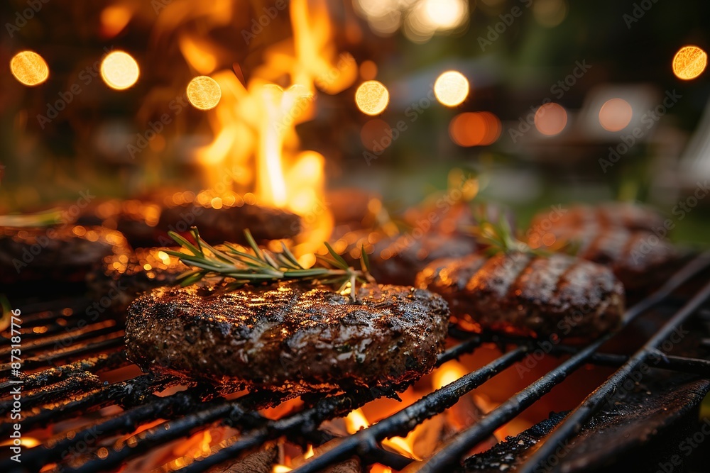 Cooking meat cutlet on hot grill barbecue grate with fire flams and smoke outdoors Cooking meat cutlet on hot grill barbecue grate with fire flams and smoke outdoors