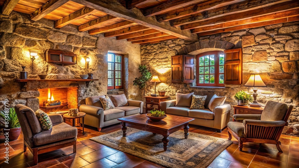 Cozy rustic living room interior with stone walls, wooden furniture, and warm lighting in a traditional Portuguese style.