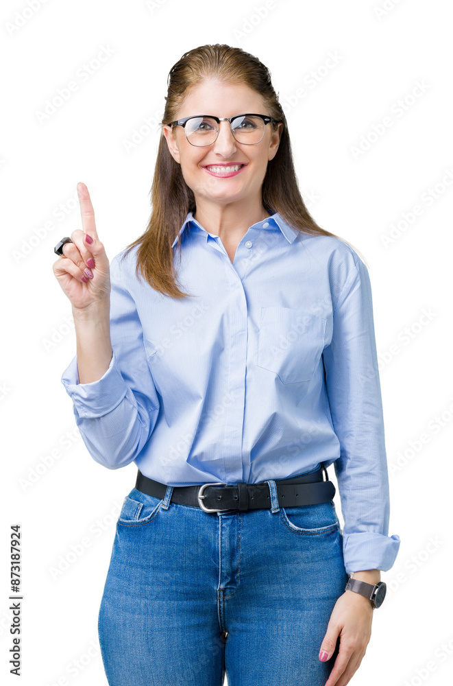 Beautiful middle age mature business woman wearing glasses over isolated background showing and pointing up with finger number one while smiling confident and happy. Beautiful middle age mature business woman wearing glasses over isolated background showing and pointing up with finger number one while smiling confident and happy.