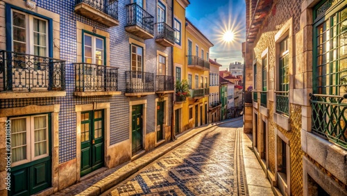 Traditional Portuguese colorful tiles and historic architecture of Lisbon's streets, warm sunlight, and narrow alleys of Homem de Costa district.