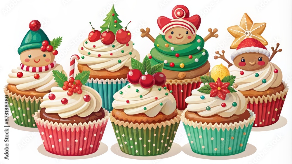 Whimsical flat cartoon vector illustration of Christmas cupcakes with winter sweets, featuring festive holiday icons without humans. Whimsical flat cartoon vector illustration of Christmas cupcakes with winter sweets, featuring festive holiday icons without humans.