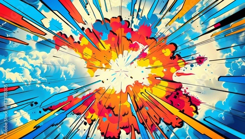 A comic book style pow explosion with colorful energy rays and artwork in pop art style. Visual dynamism of modern comic book icon for punch word. Comic smoke