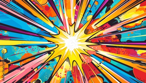 A comic book style pow explosion with colorful energy rays and artwork in pop art style. Visual dynamism of modern comic book icon for punch word. Comic smoke