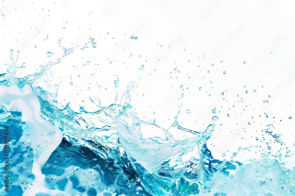 Blue water splash wave background, blue color, white isolated background, banner with copy space area. Spa or refreshing drink.