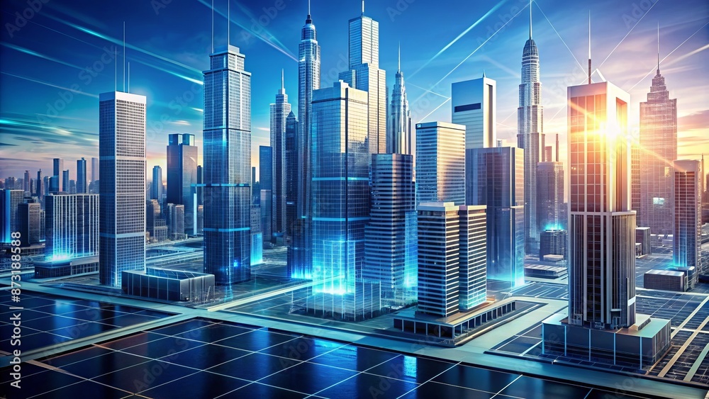 A futuristic, high-tech, 3D digital blueprint representation of a modern cityscape with sleek skyscrapers and intricate infrastructure details. A futuristic, high-tech, 3D digital blueprint representation of a modern cityscape with sleek skyscrapers and intricate infrastructure details.