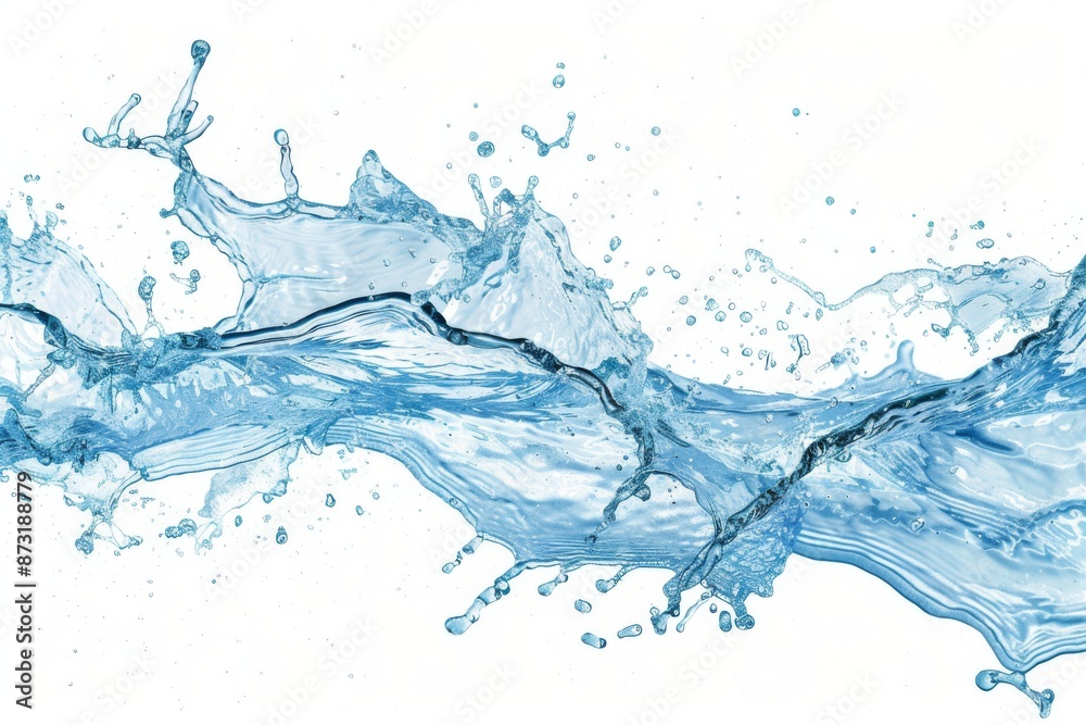 Fototapeta premium Blue water splash wave background, blue color, white isolated background, banner with copy space area. Spa or refreshing drink.
