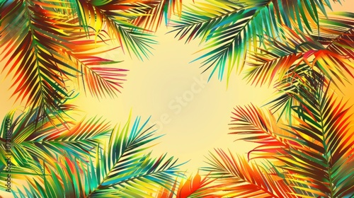 Colorful tropical palm leaves in a vibrant frame, perfect for summer and vacation concepts, tropical vibe concept © Aksana