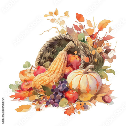 Cornucopia basket of fruits and vegetables including apples, grapes, and squash. The basket is filled with a variety of colors and textures, creating a vibrant and lively scene