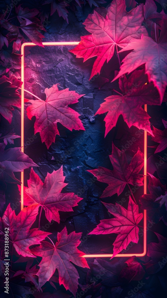 Vibrant neon pink and purple maple leaves form a glowing rectangular frame on a dark background, creating a stunning contrast and modern aesthetic. Vibrant neon pink and purple maple leaves form a glowing rectangular frame on a dark background, creating a stunning contrast and modern aesthetic.