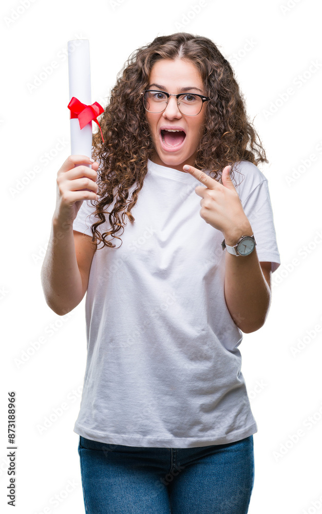 Young brunette girl holding degree and wearing glasses over isolated background very happy pointing with hand and finger Young brunette girl holding degree and wearing glasses over isolated background very happy pointing with hand and finger
