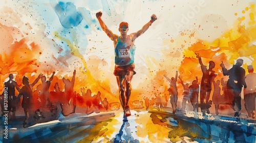 Artistic watercolor painting of a marathon runner crossing the finish line, surrounded by cheering crowd in vibrant colors.