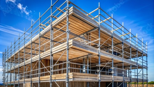 Wallpaper Mural Grey metal scaffolding structure surrounds building under construction with wooden planks and ropes against clear blue sky. Torontodigital.ca