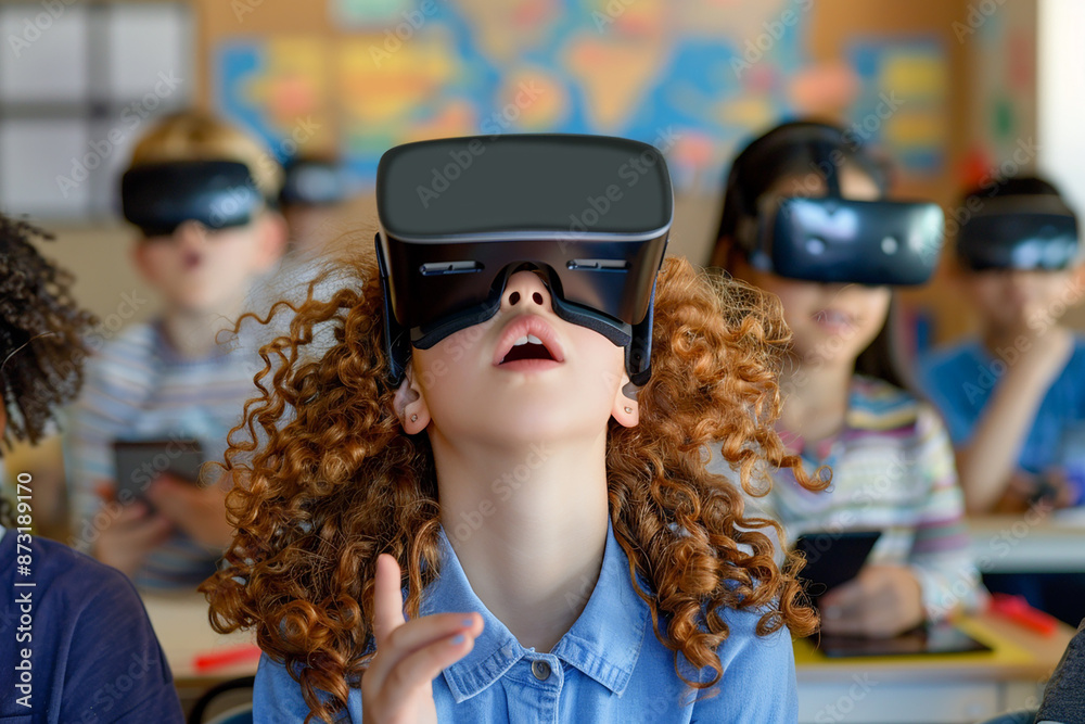 Children explore virtual reality with VR headsets in a classroom, highlighting technology in education. Children explore virtual reality with VR headsets in a classroom, highlighting technology in education.