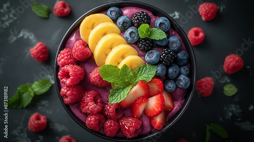 Visão de cima para baixo de uma tigela de açaí fresca photo