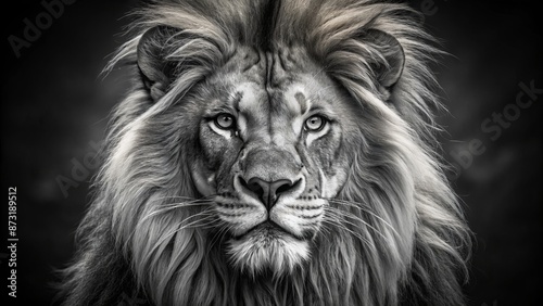 Wallpaper Mural Majestic isolated black and white lion's face with regal whiskers and piercing eyes against a dark blurred background. Torontodigital.ca