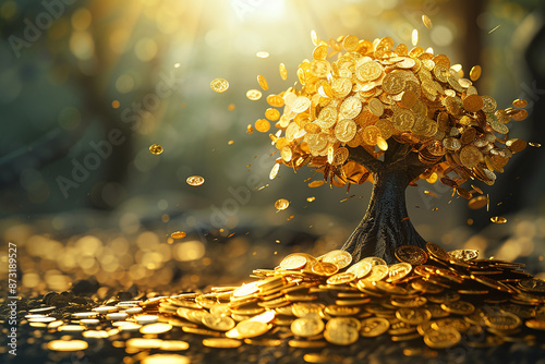 A tree made entirely of gold coins with coins falling from it. This fantasy concept represents wealth and abundance, making it ideal for financial or investment themes.
