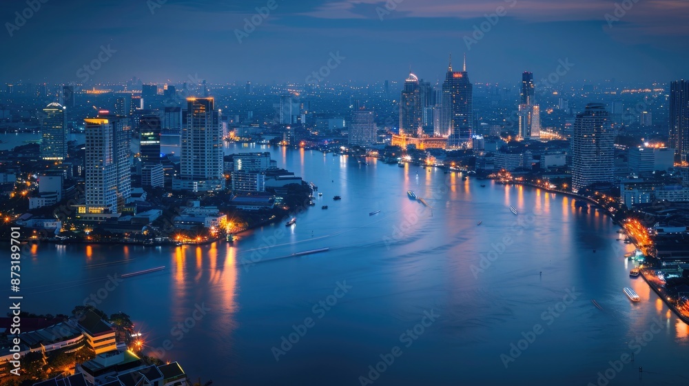 Fototapeta premium A cityscape at nightfall, with city lights reflected on the calm surface of a river winding through the urban center.