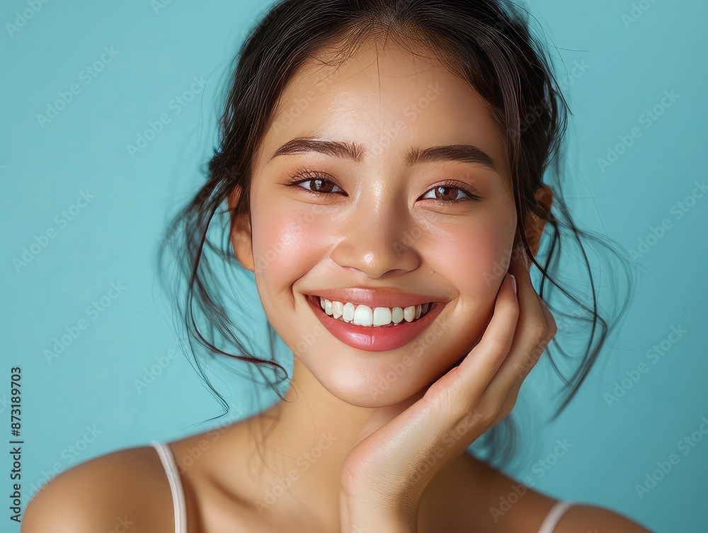 Asian woman with clear aligners, showing perfect smile. Stomatology and dental care emphasis Asian woman with clear aligners, showing perfect smile. Stomatology and dental care emphasis