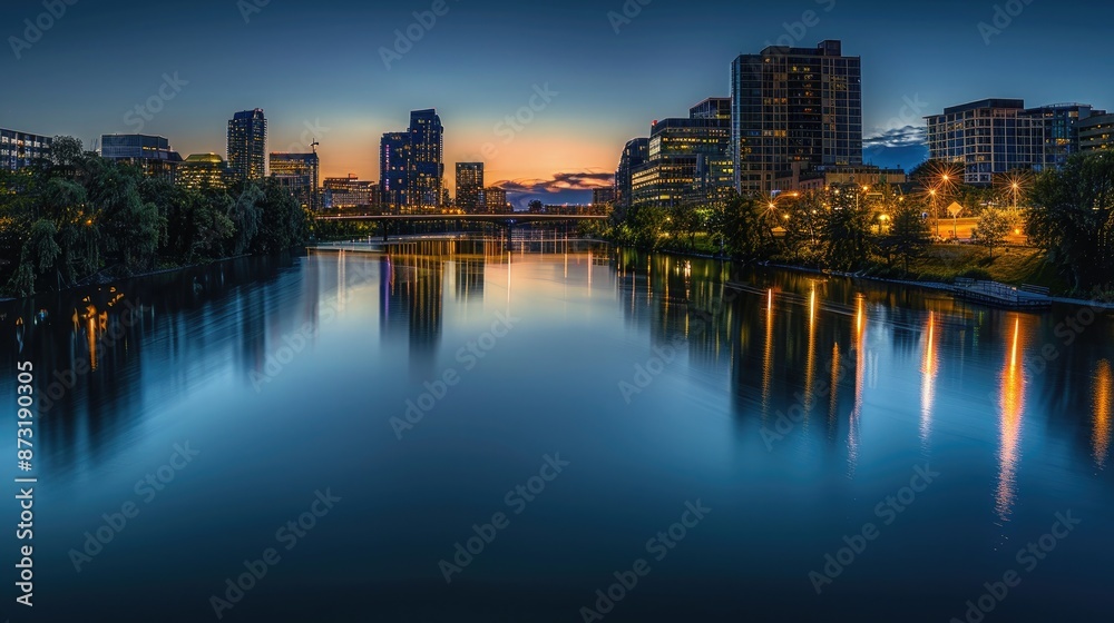 A cityscape at nightfall, with city lights reflecting on the calm surface of a river meandering through downtown.