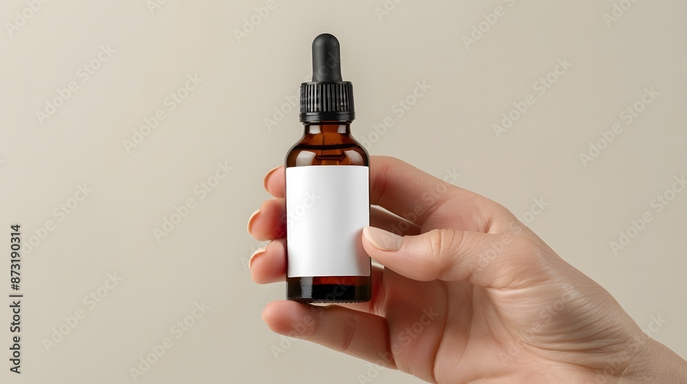 close up product mockup of essential oil bottle with blank white label, held by the hand